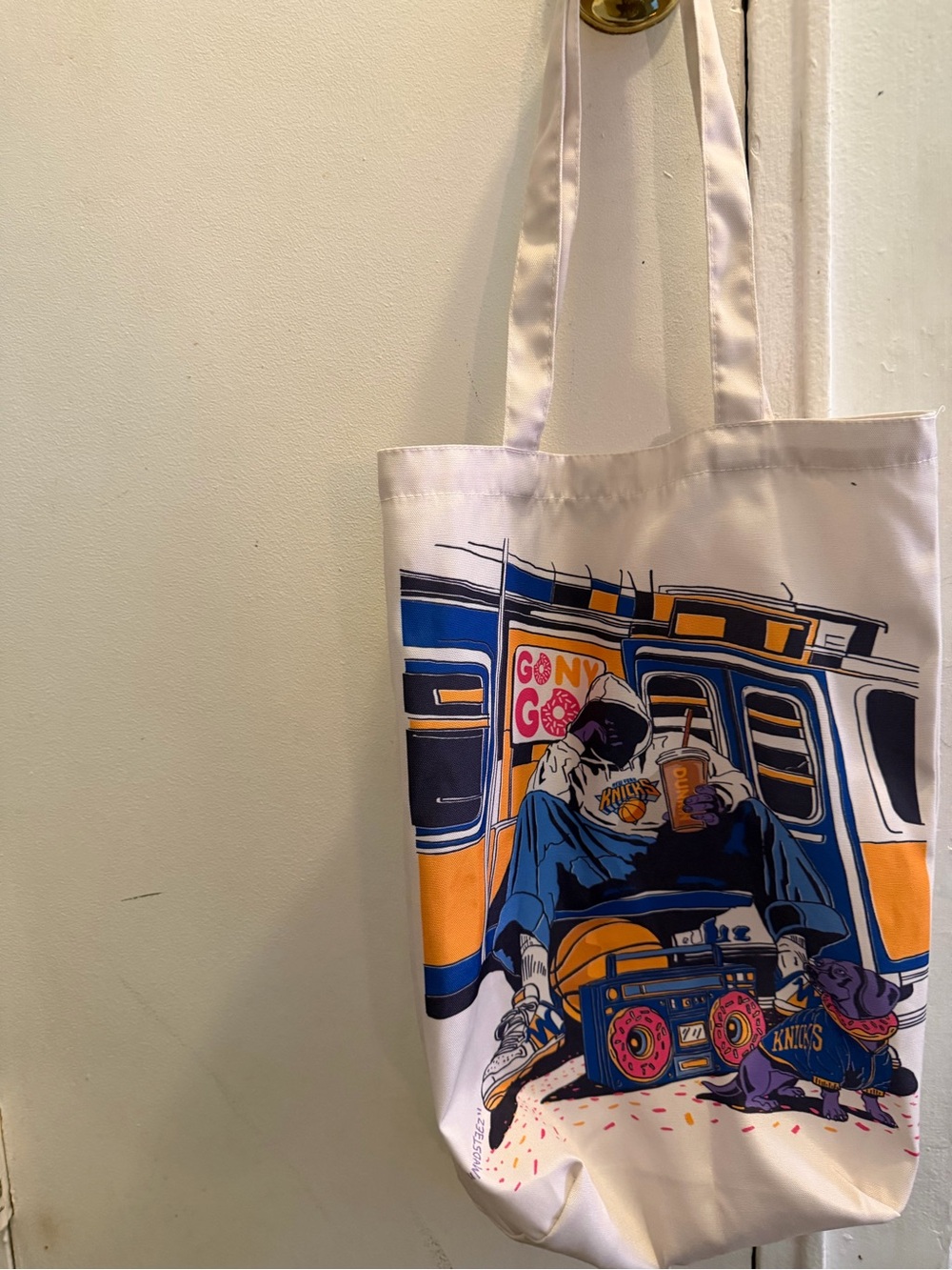 White Tote Bag with Blue & Orange Street Art Illustration